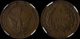 GREECE: 5 Lepta (1828) (type A.1) in copper. Phoenix with converging rays on obverse. Variety "134a-D1.b" (Scarce / ΕΛΛΗΝΙΚ) by Peter Chase. Inside sl...