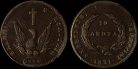 GREECE: 10 Lepta (1831) (type C) in copper. Phoenix on obverse. Variety "416-J.h" (Rare) by Peter Chase. Inside slab by PCGS "VF Detail / Scratch". Ce...