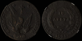 GREECE: 10 Lepta (1831) (type C) in copper. Phoenix on obverse. Variety "418-L.h" by Peter Chase. Inside slab by NGC "XF DETAILS / CORROSION / CHASE 4...