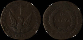 GREECE: 10 Lepta (1831) (type C) in copper. Phoenix on obverse. Variety "440-Z.t" by Peter Chase. Inside slab by NGC "FINE DETAILS / ENVIRONMENTAL DAM...