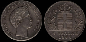 GREECE: 1/2 Drachma (1833) (type I) in silver (0,900). Head of King Otto facing right and inscription "ΟΘΩΝ ΒΑΣΙΛΕΥΣ ΤΗΣ ΕΛΛΑΔΟΣ" on obverse. (Hellas ...