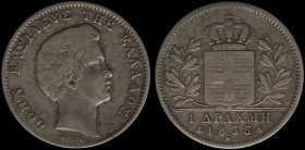 GREECE: 1 Drachma (1833) (type I) in silver (0,900). Head of King Otto facing right and inscription "ΟΘΩΝ ΒΑΣΙΛΕΥΣ ΤΩΝ ΕΛΛΗΝΩΝ" on obverse. (Hellas 10...
