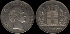 GREECE: 5 Drachmas (1833) (type I) in silver (0,900). Head of King Otto facing right and inscription "ΟΘΩΝ ΒΑΣΙΛΕΥΣ ΤΗΣ ΕΛΛΑΔΟΣ" on obverse. Cleaned. ...