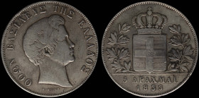 GREECE: 5 Drachmas (1833) (type I) in silver (0,900). Head of King Otto facing right and inscription "ΟΘΩΝ ΒΑΣΙΛΕΥΣ ΤΗΣ ΕΛΛΑΔΟΣ" on obverse. (Hellas 1...