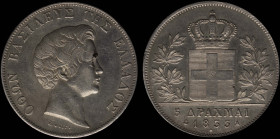 GREECE: 5 Drachmas (1833 A) (type I) in silver (0,900). Head of King Otto facing right and inscription "ΟΘΩΝ ΒΑΣΙΛΕΥΣ ΤΗΣ ΕΛΛΑΔΟΣ" on obverse. Cleaned...