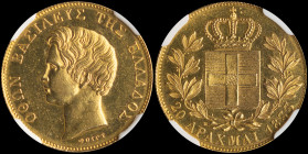GREECE: 20 Drachmas (1833) in gold (0,900). Head of King Otto facing left and inscription "ΟΘΩΝ ΒΑΣΙΛΕΥΣ ΤΗΣ ΕΛΛΑΔΟΣ" on obverse. Inside slab by NGC "...