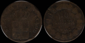 GREECE: 10 Lepta (1836) (type I) in copper. Royal coat of arms and inscription "ΒΑΣΙΛΕΙΑ ΤΗΣ ΕΛΛΑΔΟΣ" on obverse. Inside slab by PCGS "F 15". Cert num...