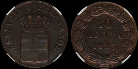 GREECE: 10 Lepta (1837) (type I) in copper. Royal coat of arms and inscription "ΒΑΣΙΛΕΙΑ ΤΗΣ ΕΛΛΑΔΟΣ" on obverse. Inside slab by NGC "AU DETAILS / CLE...