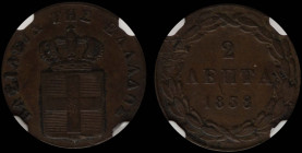 GREECE: 2 Lepta (1838) (type I) in copper. Royal coat of arms and inscription "ΒΑΣΙΛΕΙΑ ΤΗΣ ΕΛΛΑΔΟΣ" on obverse. Inside slab by NGC "AU DETAILS / REV ...