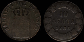 GREECE: 10 Lepta (1838) (type I) in copper. Royal coat of arms and inscription "ΒΑΣΙΛΕΙΑ ΤΗΣ ΕΛΛΑΔΟΣ" on obverse. (Hellas 75a). Very Good & Fine....