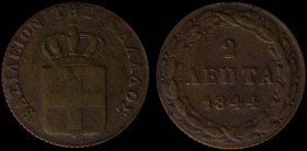 GREECE: 2 Lepta (1844) (type II) in copper. Royal coat of arms and inscription "ΒΑΣΙΛΕΙΟΝ ΤΗΣ ΕΛΛΑΔΟΣ" on obverse. (Hellas 48). About Fine....