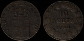 GREECE: 10 Lepta (1844) (type I) in copper. Royal coat of arms and inscription "ΒΑΣΙΛΕΙΑ ΤΗΣ ΕΛΛΑΔΟΣ" on obverse. (Hellas 77). Very Good....