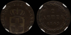 GREECE: 2 Lepta (1845) (type II) in copper. Royal coat of arms and inscription "ΒΑΣΙΛΕΙΟΝ ΤΗΣ ΕΛΛΑΔΟΣ" on obverse. Inside slab by NGC "VF 30 BN". Cert...