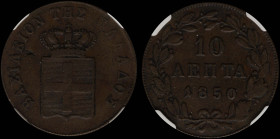 GREECE: 10 Lepta (1850) (type III) in copper. Royal coat of arms and inscription "ΒΑΣΙΛΕΙΟΝ ΤΗΣ ΕΛΛΑΔΟΣ" on obverse. Inside slab by NGC "XF 45 BN". Ce...