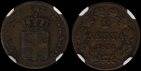 GREECE: 2 Lepta (1851) (type IV) in copper. Royal coat of arms and inscription "ΒΑΣΙΛΕΙΟΝ ΤΗΣ ΕΛΛΑΔΟΣ" on obverse. Inside slab by NGC "XF 40 BN". Cert...