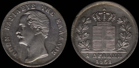 GREECE: 1 Drachma (1851) (type II) in silver (0,900). Mature head of King Otto facing left and inscription "ΟΘΩΝ ΒΑΣΙΛΕΥΣ ΤΩΝ ΕΛΛΗΝΩΝ" on obverse. Pro...