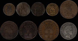 GREECE: Lot of 9 coins composed of 1 Lepton (1832) (type I), 2 Lepta (1832) (type I), 2 Lepta (1842) (type I) & 2 Lepta (1857) (type IV), 5 Lepta (183...