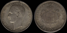 GREECE: 1 Drachma (1868 A) (type I) in silver (0,835). Head of King George I facing left and inscription "ΓΕΩΡΓΙΟΣ Α! ΒΑΣΙΛΕΥΣ ΤΩΝ ΕΛΛΗΝΩΝ" on obverse...