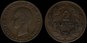 GREECE: 2 Lepta (1869 BB) (type I) in copper. Head of King George I facing left and inscription "ΓΕΩΡΓΙΟΣ Α! ΒΑΣΙΛΕΥΣ ΤΩΝ ΕΛΛΗΝΩΝ" on obverse. Variety...