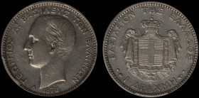 GREECE: 1 Drachma (1873 A) (type I) in silver (0,835). Head of King George I facing left and inscription "ΓΕΩΡΓΙΟΣ Α! ΒΑΣΙΛΕΥΣ ΤΩΝ ΕΛΛΗΝΩΝ" on obverse...