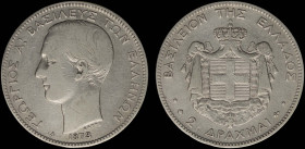 GREECE: 2 Drachmas (1873 A) (type I) in silver (0,835). Head of King George I facing left and inscription "ΓΕΩΡΓΙΟΣ Α! ΒΑΣΙΛΕΥΣ ΤΩΝ ΕΛΛΗΝΩΝ" on obvers...