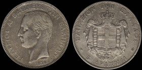 GREECE: 5 Drachmas (1876 A) (type I) in silver (0,900). Mature head of King George I facing left and inscription "ΓΕΩΡΓΙΟΣ Α! ΒΑΣΙΛΕΥΣ ΤΩΝ ΕΛΛΗΝΩΝ" on...