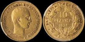 GREECE: 10 Drachmas (1876 A) in gold (0,900). Head of King George I facing right and inscription "ΓΕΩΡΓΙΟΣ Α! ΒΑΣΙΛΕΥΣ ΤΩΝ ΕΛΛΗΝΩΝ" on obverse. Inside...