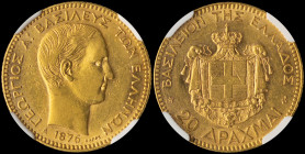 GREECE: 20 Drachmas (1876 A) (type I) in gold (0,900). Head of King George I facing right and inscription "ΓΕΩΡΓΙΟΣ Α! ΒΑΣΙΛΕΥΣ ΤΩΝ ΕΛΛΗΝΩΝ" on obvers...