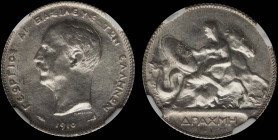 GREECE: 1 Drachma (1910) (type II) in silver (0,835). Mature head (different type) of King George I facing left and inscription "ΓΕΩΡΓΙΟΣ Α! ΒΑΣΙΛΕΥΣ ...