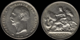 GREECE: 1 Drachma (1910) (type II) in silver (0,835). Mature head (different type) of King George I facing left and inscription "ΓΕΩΡΓΙΟΣ Α! ΒΑΣΙΛΕΥΣ ...