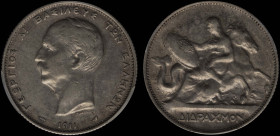 GREECE: 2 Drachmas (1911) (type II) in silver (0,835). Mature head (different type) of King George I facing left and inscription "ΓΕΩΡΓΙΟΣ Α! ΒΑΣΙΛΕΥΣ...