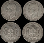 GREECE: Lot of 2 coins in silver (0,900), composed of 5 Drachmas (1875 A) (type I) & 5 Drachmas (1876 A) (type I). Mature head of King George I facing...