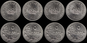 GREECE: Lot composed of 4x 10 Lepta (1922) in aluminum. Royal crown and inscription "ΒΑΣΙΛΕΙΟΝ ΤΗΣ ΕΛΛΑΔΟΣ" on obverse. Thin Planchet. (Hellas 167a). ...