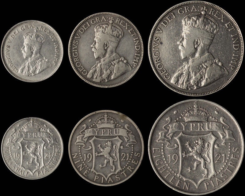 CYPRUS: Lot of 3 coins (1921) in silver (0,925), composed of 4- 1/2 Piastres, 9 ...