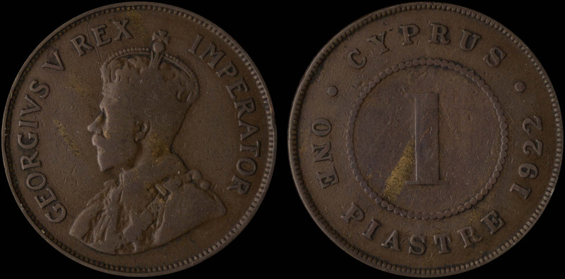 CYPRUS: 1 Piastre (1922) in bronze. Crowned bust of King George V facing left on...