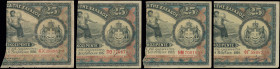 GREECE: Lot composed of 4x right parts of 25 Drachmas (6.11.1916), (8.12.1917), (2.1.1918) & (4.3.1918) (bisected Hellas #55) of 1922 Emergency Loan. ...