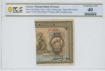 GREECE: Right part of 50 Drachmas (1921) (cut Hellas 77a) of 1926 Emergency Loan. S/N: "ΓΟ32 372454". Signature by Kontaxis. Inside holder by PCGS "EX...