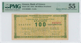 GREECE: 100 million Drachmas (17.10.1944) in green on yellow unpt. Corfu treasury note issued by the Bank of Greece, Corfu branch. S/N: "022688". Fram...