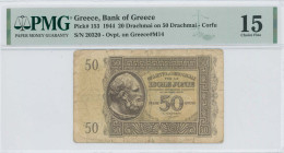 GREECE: 20 Drachmas (18.12.1944) in brown on yellow unpt. New S/N: "20320". Black ovpt on back of 50 Drachmas (Hellas #I.13). After liberation, the bo...