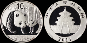 CHINA / PEOPLE'S REPUBLIC: 10 Yuan (2011) in silver (0,999). Temple of Heaven on obverse. Adult panda at left and seated panda cub at right, bamboo fo...