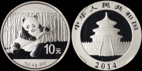 CHINA / PEOPLE'S REPUBLIC: 10 Yuan (2014) in silver (0,999). Temple of Heaven on obverse. Panda holding a branch, bamboo forest in background on rever...