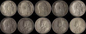 INDIA / BRITISH: Lot of 10 coins in silver (0,917), composed of 1 Rupee (1904), 1 Rupee (1905), 1 Rupee (1906), 1 Rupee (1907), 1 Rupee (1908), 1 Rupe...