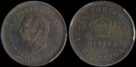 INDIA / PORTUGUESE (GOA): 1/8 Tanga (1886) in copper. Head of Louis I facing left on obverse. Crown on reverse. Inside slab by PCGS "AU 55". Cert numb...