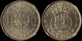 INDIA / PORTUGUESE: 3 Escudos (1958) in copper-nickel. Shield on lined circle at center of Maltese Cross on obverse. Tiny towers and shields above div...