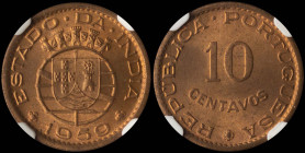 INDIA / PORTUGUESE: 10 Centavos (1959) in bronze. Denomination on obverse. Tiny towers and shields above divided shield on lined circle on reverse. In...