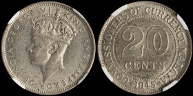 MALAYA: 20 Cents (1945) in silver (0,500). Crowned head of King George VI facing right on obverse. Value within beaded circle on reverse. Inside slab ...