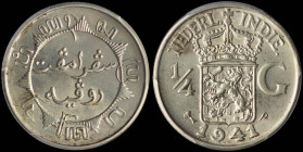 NETHERLANDS / EAST INDIES: 1/4 Gulden (1941 P) in silver (0,720). Crowned coat of arms divide value on obverse. Inscription within sun design flanked ...