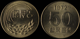 SOUTH KOREA: 50 Won (1972) in copper-nickel-zinc from F.A.O. series. Text with sagging oat sprig on obverse. Value below date on reverse. (KM 20). Unc...