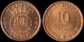 TIMOR: 10 Centavos (1958) in bronze. Value on obverse. Shield within crowned globe on reverse. Inside slab by PCGS "MS 66 RD". Top pop in both compani...