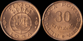 TIMOR: 30 Centavos (1958) in bronze. Value on obverse. Shield within crowned globe on reverse. Inside slab by PCGS "UNC Detail / Questionable Color". ...